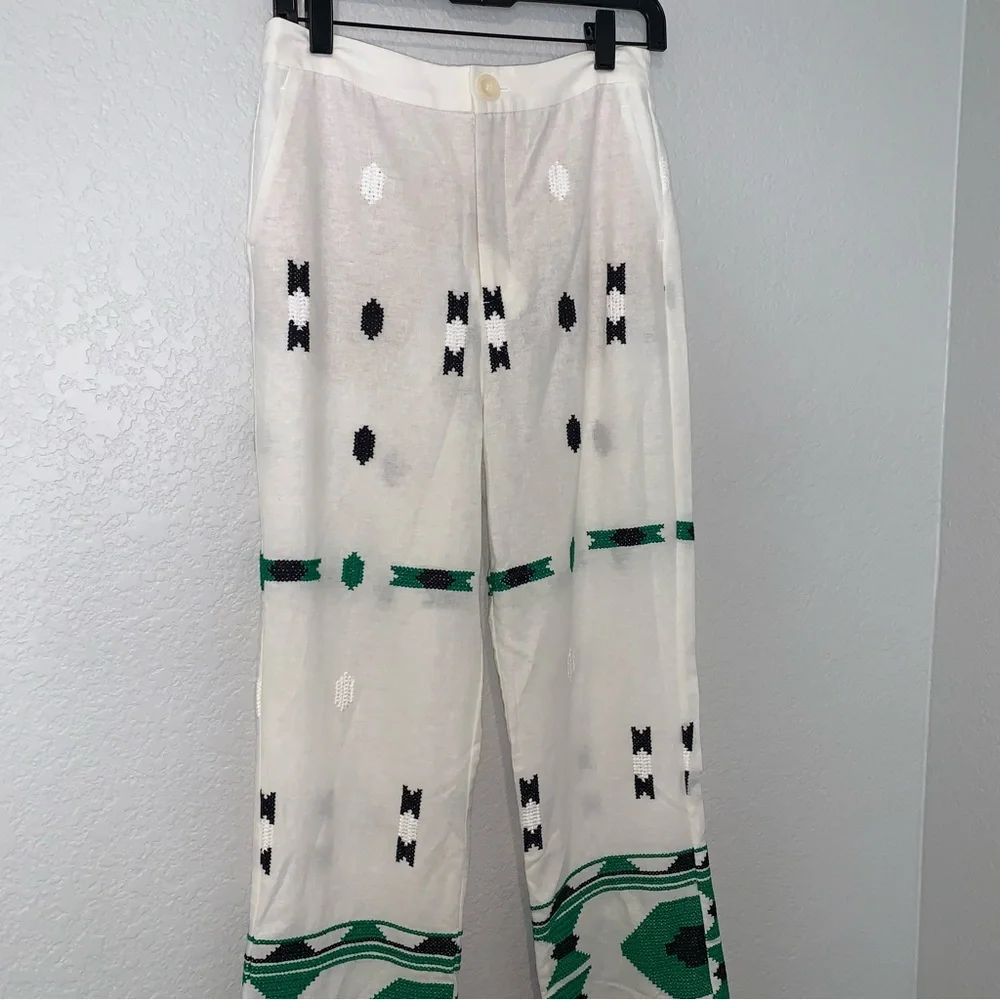 New Zara Embroidered White Linen Blend Pants 2731/259 Small Medium Blogger Fav